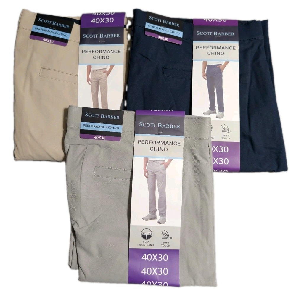 Scott Barber Performance Chino Mens 40x30 NWT 3 Pair Bundle Navy Khaki Gray